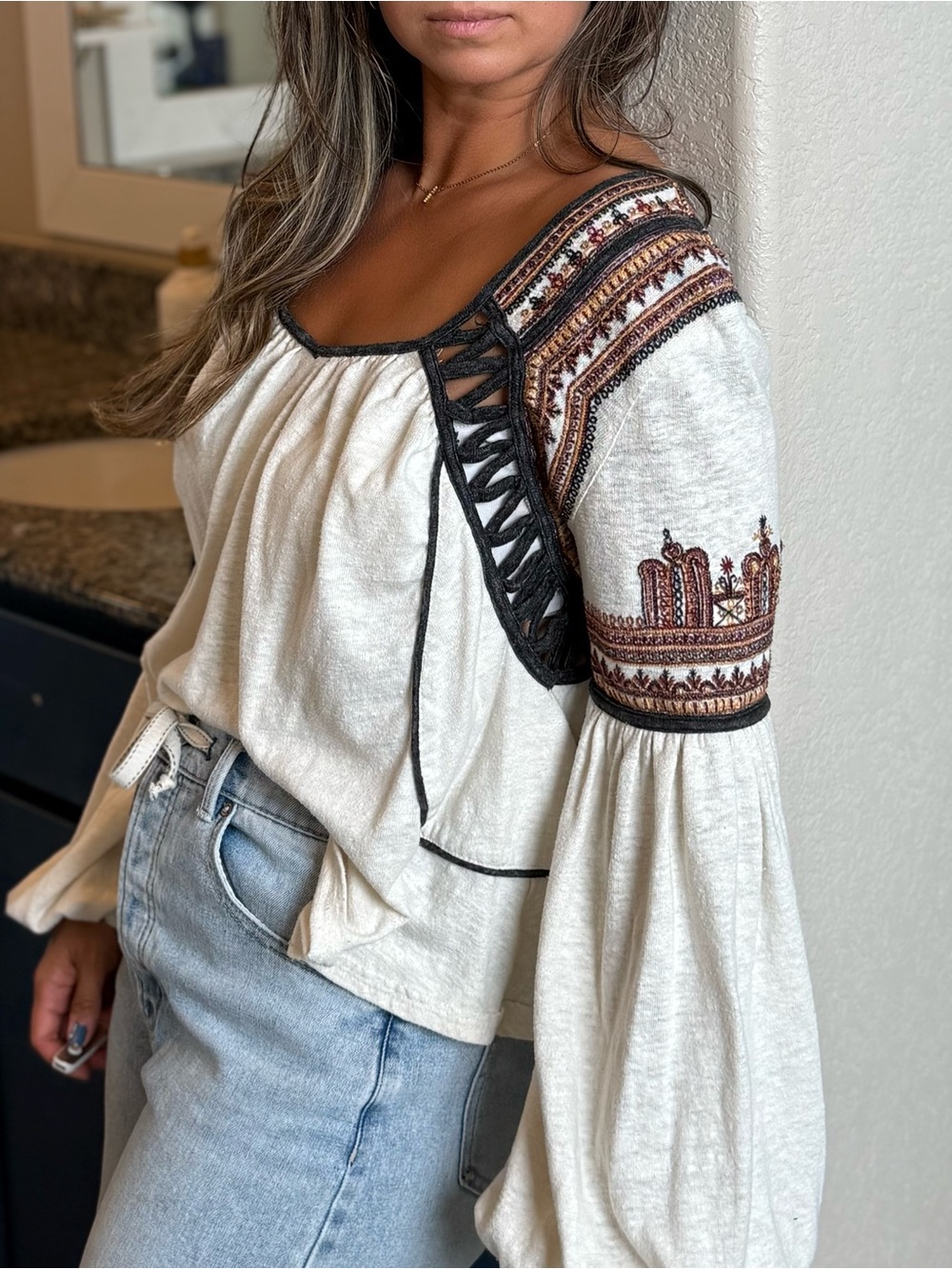Free People Snow Kisses Embroidered Blouse Top